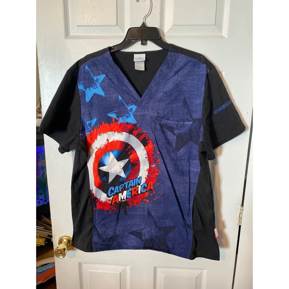 Marvel Avengers Captain America Scrub Top V-Neck Medical Uniform Black Blue L